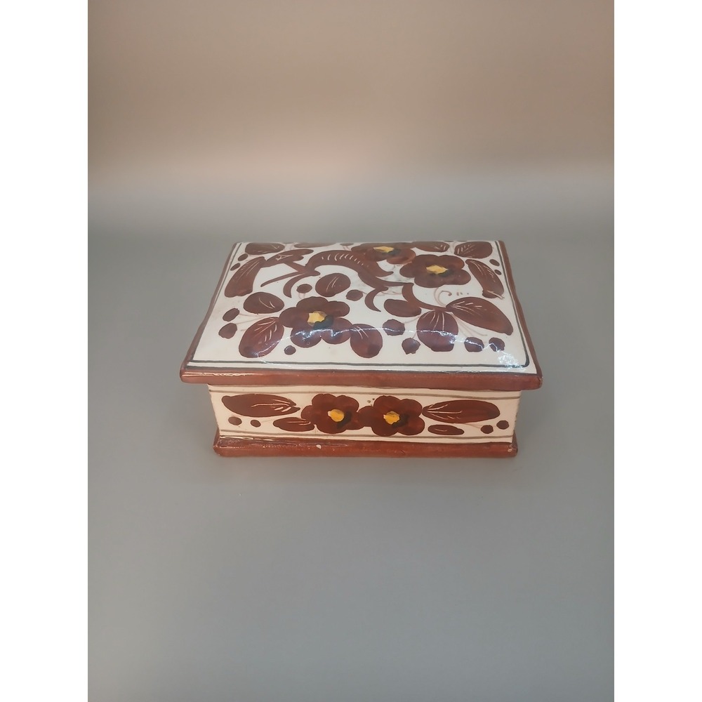 Vintage Italy Ceramic Trinket Box Floral Brown Reddish Hand Painted Jewelry